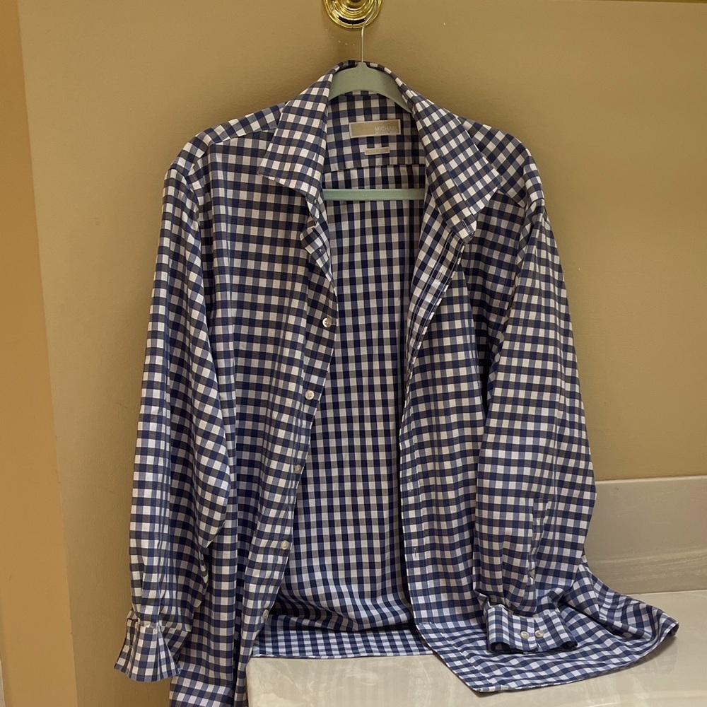Michael Kors Blue & White Checkered Dress Shirt - 17 1/4 31/32 No Iron